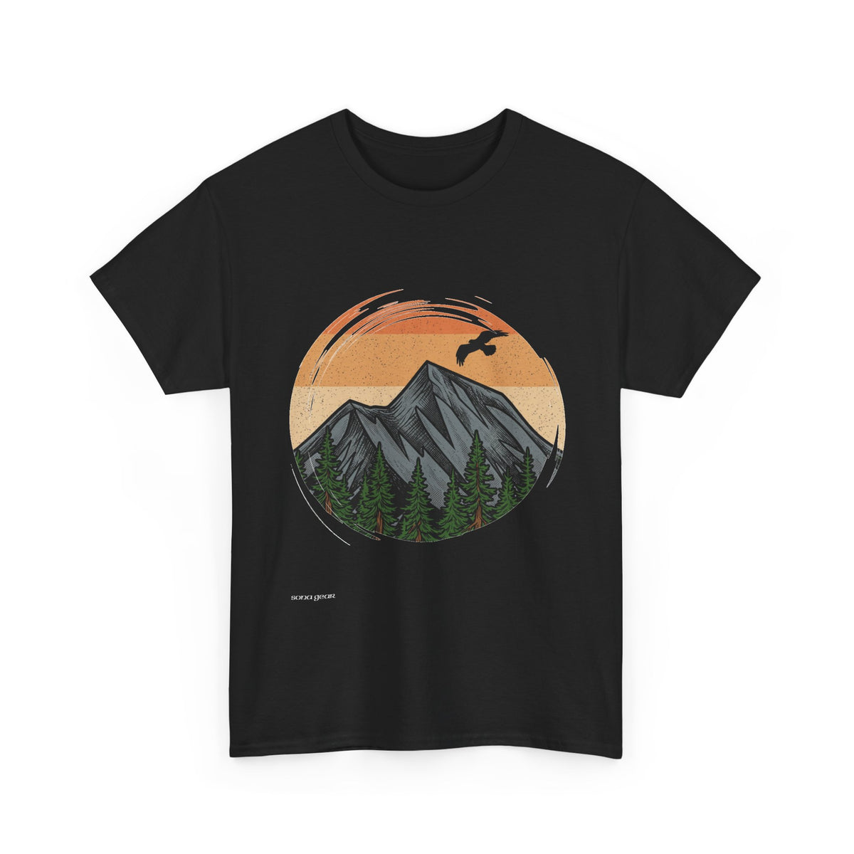 Sunset Mountain Landscape T-Shirt | Retro Peaks, Forest, Soaring Bird